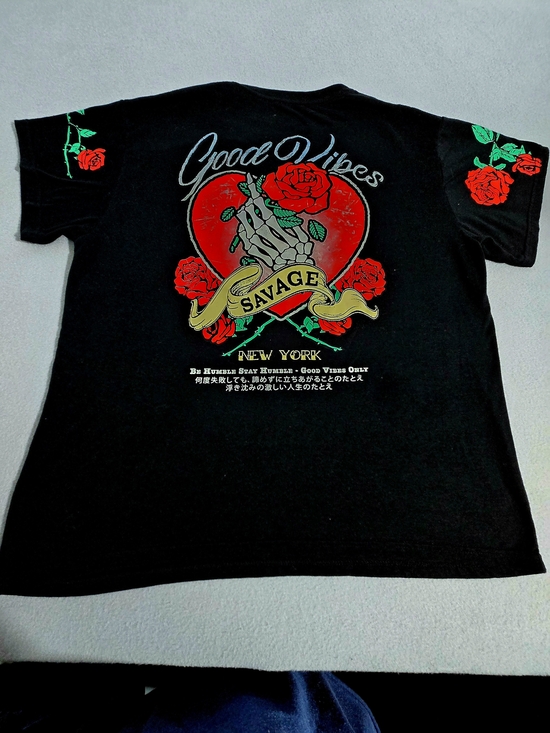 Fresh Laundry Tops - Savage New York Black Tee with Red Rose Heart Graphic